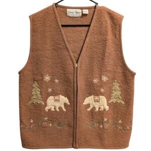Vtg Sharon Young Wool Women Lg Vest Holiday Christmas Winter Brown Polar Bear